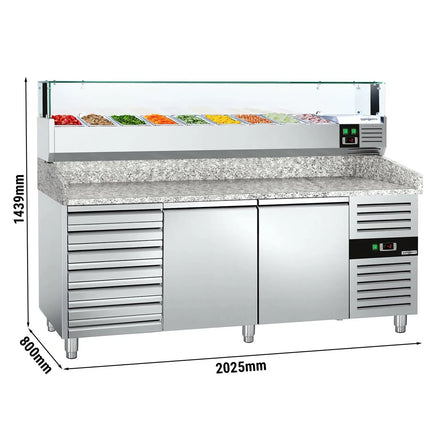 GGM Gastro Commercial Pizza Prep Counter - Granite Top PREMIUM - 2000x800mm - with 2 doors & 7 drawers - incl. refrigerated topping unit with glass sneeze guard LED - 9x GN 1/3