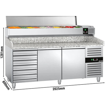 GGM Gastro Commercial Pizza Prep Counter - Granite Top PREMIUM - 2000x800mm - with 2 doors & 7 drawers - incl. refrigerated topping unit with glass sneeze guard LED - 10x GN 1/4
