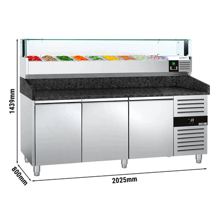 GGM Gastro Commercial Pizza Prep Counter - Granite Top PREMIUM - 2000x800mm - with 3 doors - incl. refrigerated topping unit with glass sneeze guard LED - 9x GN 1/3