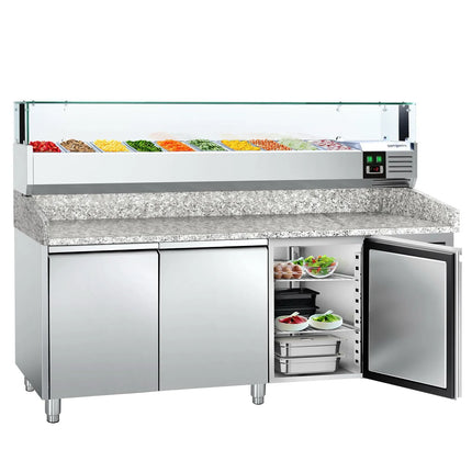GGM Gastro Commercial Pizza Prep Counter - Granite Top PREMIUM - 2000x800mm - with 3 doors - incl. refrigerated topping unit with glass sneeze guard LED - 10x GN 1/4