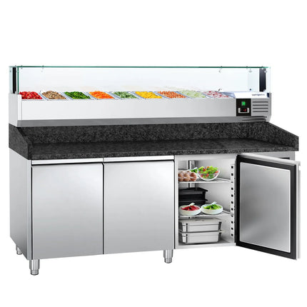 GGM Gastro Commercial Pizza Prep Counter - Granite Top PREMIUM - 2000x800mm - with 3 doors - incl. refrigerated topping unit with glass sneeze guard LED - 9x GN 1/3