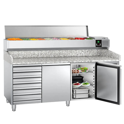 GGM Gastro Commercial Pizza Prep Counter - Granite Top PREMIUM - 2000x800mm - with 2 doors & 7 drawers - incl. refrigerated topping unit with glass sneeze guard LED - 10x GN 1/4
