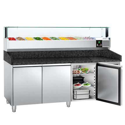 GGM Gastro Commercial Pizza Prep Counter - Granite Top PREMIUM - 2000x800mm - with 3 doors - incl. refrigerated topping unit with glass sneeze guard LED - 10x GN 1/4