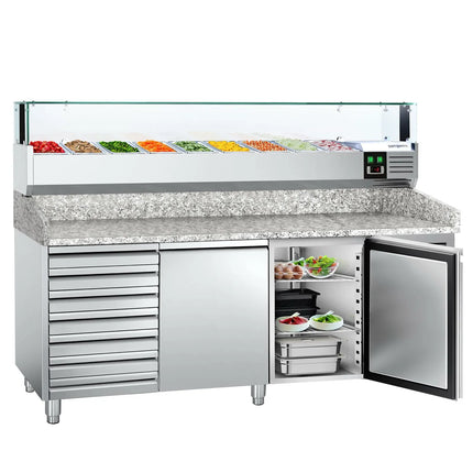 GGM Gastro Commercial Pizza Prep Counter - Granite Top PREMIUM - 2000x800mm - with 2 doors & 7 drawers - incl. refrigerated topping unit with glass sneeze guard LED - 9x GN 1/3