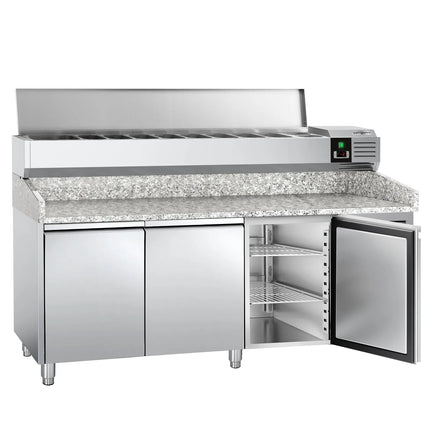GGM Gastro Commercial Pizza Prep Counter - Granite Top PREMIUM - 2000x800mm - with 3 doors - incl. refrigerated topping unit with glass sneeze guard LED - 9x GN 1/3