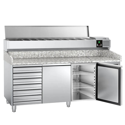GGM Gastro Commercial Pizza Prep Counter - Granite Top PREMIUM - 2000x800mm - with 2 doors & 7 drawers - incl. refrigerated topping unit with glass sneeze guard LED - 10x GN 1/4
