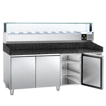 GGM Gastro Commercial Pizza Prep Counter - Granite Top PREMIUM - 2000x800mm - with 3 doors - incl. refrigerated topping unit with glass sneeze guard LED - 9x GN 1/3