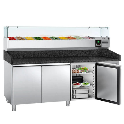 GGM Gastro Commercial Pizza Prep Counter - Granite Top PREMIUM - 2000x800mm - with 3 doors - incl. refrigerated topping unit with glass sneeze guard - 10x GN 1/4