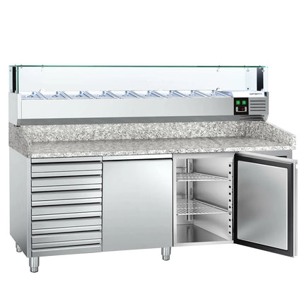 GGM Gastro Commercial Pizza Prep Counter - Granite Top PREMIUM - 2000x800mm - with 2 doors & 7 drawers - incl. refrigerated topping unit with glass sneeze guard LED - 9x GN 1/3