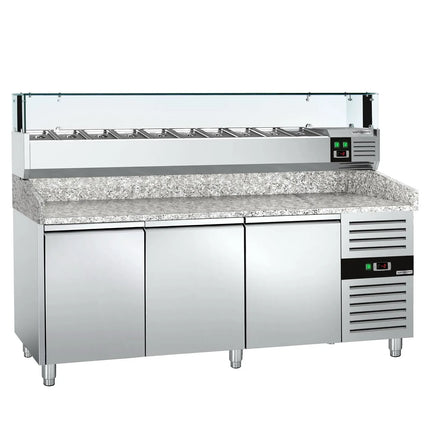 GGM Gastro Commercial Pizza Prep Counter - Granite Top PREMIUM - 2000x800mm - with 3 doors - incl. refrigerated topping unit with glass sneeze guard LED - 10x GN 1/4