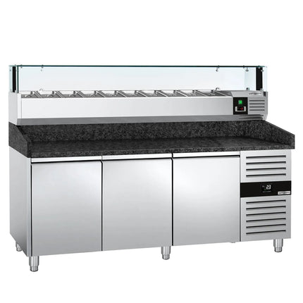 GGM Gastro Commercial Pizza Prep Counter - Granite Top PREMIUM - 2000x800mm - with 3 doors - incl. refrigerated topping unit with glass sneeze guard LED - 10x GN 1/4