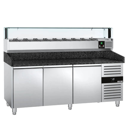 GGM Gastro Commercial Pizza Prep Counter - Granite Top PREMIUM - 2000x800mm - with 3 doors - incl. refrigerated topping unit with glass sneeze guard LED - 9x GN 1/3