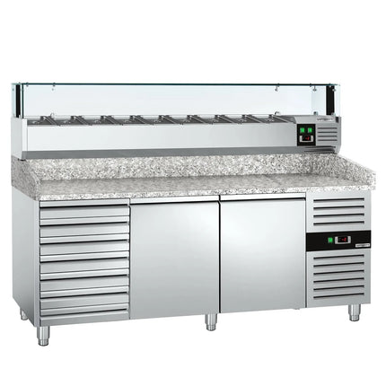 GGM Gastro Commercial Pizza Prep Counter - Granite Top PREMIUM - 2000x800mm - with 2 doors & 7 drawers - incl. refrigerated topping unit with glass sneeze guard LED - 9x GN 1/3