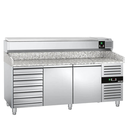 GGM Gastro Commercial Pizza Prep Counter - Granite Top PREMIUM - 2000x800mm - with 2 doors & 7 drawers - incl. refrigerated topping unit with glass sneeze guard LED - 10x GN 1/4