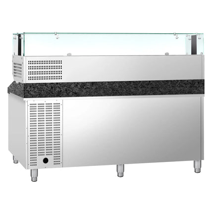 GGM Gastro Commercial Pizza Prep Counter - Granite Top PREMIUM - 2000x800mm - with 3 doors - incl. refrigerated topping unit with glass sneeze guard LED - 9x GN 1/3