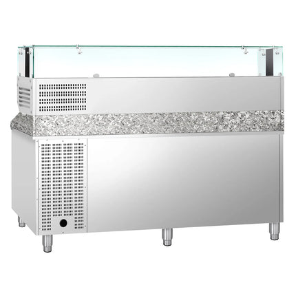 GGM Gastro Commercial Pizza Prep Counter - Granite Top PREMIUM - 2000x800mm - with 2 doors & 7 drawers - incl. refrigerated topping unit with glass sneeze guard LED - 9x GN 1/3