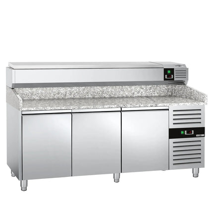 GGM Gastro Commercial Pizza Prep Counter - Granite Top PREMIUM - 2000x800mm - with 3 doors - incl. refrigerated topping unit with glass sneeze guard LED - 9x GN 1/3