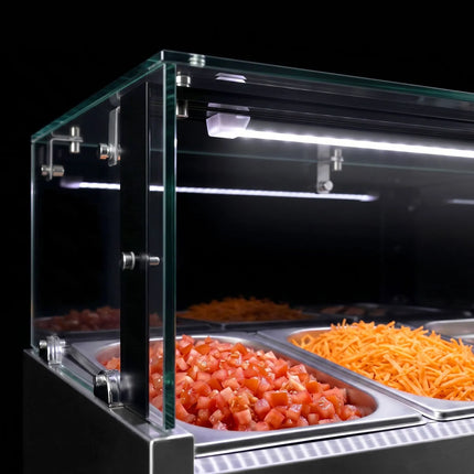 GGM Gastro Commercial Pizza Prep Counter - Granite Top PREMIUM - 2000x800mm - with 3 doors - incl. refrigerated topping unit with glass sneeze guard LED - 9x GN 1/3