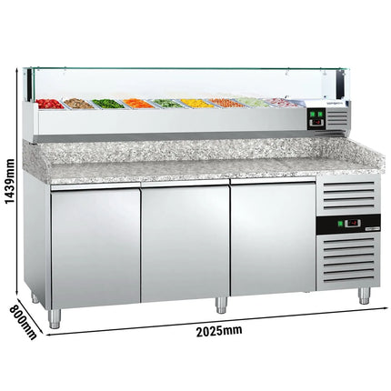 GGM Gastro Commercial Pizza Prep Counter - Granite Top PREMIUM - 2025x800mm - with 3 doors - incl. refrigerated topping unit with glass sneeze guard LED - 10x GN 1/3