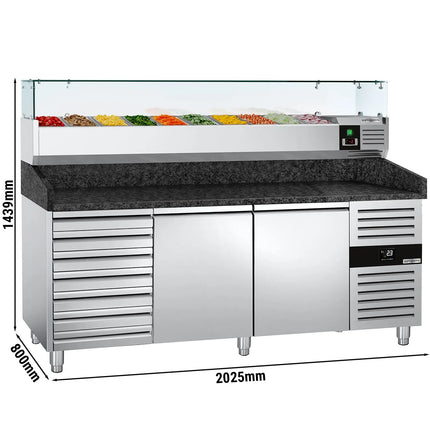 GGM Gastro Commercial Pizza Prep Counter - Granite Top PREMIUM - 2025x800mm - with 2 doors & 7 drawers - incl. refrigerated topping unit with glass sneeze guard - 10x GN 1/4