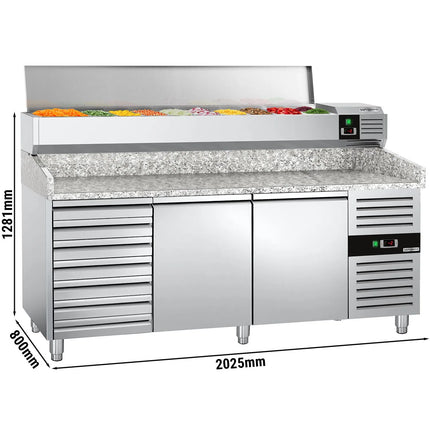 GGM Gastro Commercial Pizza Prep Counter - Granite Top PREMIUM - 2025x800mm - with 2 doors & 7 drawers - incl. refrigerated topping unit with glass sneeze guard LED - 9x GN 1/3