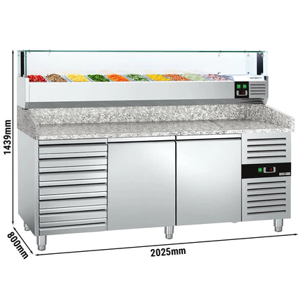 GGM Gastro Commercial Pizza Prep Counter - Granite Top PREMIUM - 2025x800mm - with 2 doors & 7 drawers - incl. refrigerated topping unit with glass sneeze guard LED - 10x GN 1/4