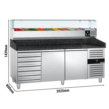 GGM Gastro Commercial Pizza Prep Counter - Granite Top PREMIUM - 2025x800mm - with 2 doors & 7 drawers - incl. refrigerated topping unit with glass sneeze guard - 9x GN 1/3