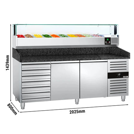 GGM Gastro Commercial Pizza Prep Counter - Granite Top PREMIUM - 2025x800mm - with 2 doors & 7 drawers - incl. refrigerated topping unit with glass sneeze guard LED - 10x GN 1/4