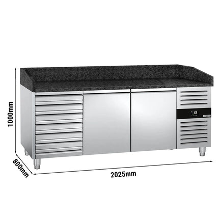 GGM Gastro Commercial Pizza Prep Counter - Granite Top PREMIUM - 2025x800mm - with 2 doors & 7 drawers