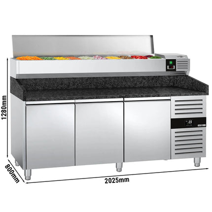 GGM Gastro Commercial Pizza Prep Counter - Granite Top PREMIUM - 2025x800mm - with 3 doors - incl. refrigerated topping unit - 9x GN 1/3