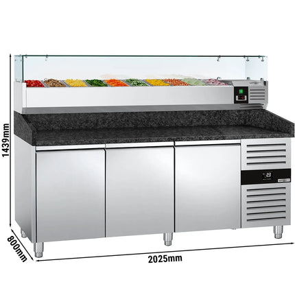 GGM Gastro Commercial Pizza Prep Counter - Granite Top PREMIUM - 2025x800mm - with 3 doors - incl. refrigerated topping unit with glass sneeze guard - 9x GN 1/3