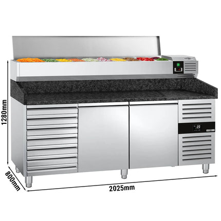 GGM Gastro Commercial Pizza Prep Counter - Granite Top PREMIUM - 2025x800mm - with 2 doors & 7 drawers - incl. refrigerated topping unit - 10x GN 1/4