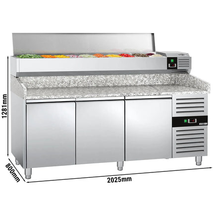 GGM Gastro Commercial Pizza Prep Counter - Granite Top PREMIUM - 2025x800mm - with 3 doors - incl. refrigerated topping unit with glass sneeze guard LED - 10x GN 1/4