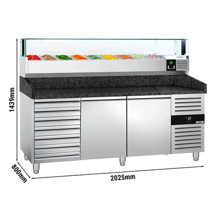 GGM Gastro Commercial Pizza Prep Counter - Granite Top PREMIUM - 2025x800mm - with 2 doors & 7 drawers - incl. refrigerated topping unit with glass sneeze guard LED - 9x GN 1/3