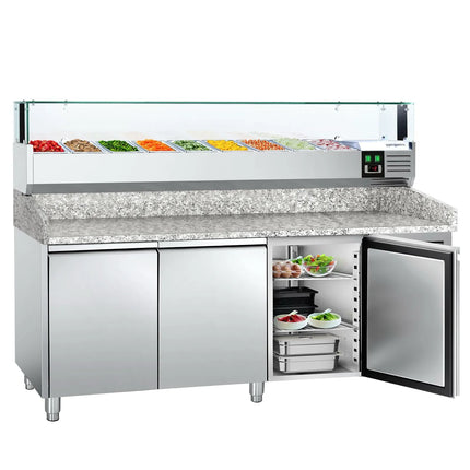 GGM Gastro Commercial Pizza Prep Counter - Granite Top PREMIUM - 2025x800mm - with 3 doors - incl. refrigerated topping unit with glass sneeze guard LED - 10x GN 1/3