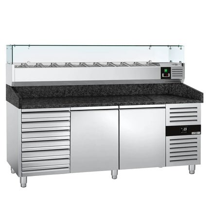GGM Gastro Commercial Pizza Prep Counter - Granite Top PREMIUM - 2025x800mm - with 2 doors & 7 drawers - incl. refrigerated topping unit with glass sneeze guard - 10x GN 1/4