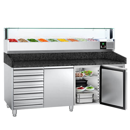 GGM Gastro Commercial Pizza Prep Counter - Granite Top PREMIUM - 2025x800mm - with 2 doors & 7 drawers - incl. refrigerated topping unit with glass sneeze guard LED - 9x GN 1/3