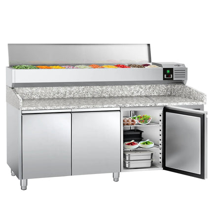 GGM Gastro Commercial Pizza Prep Counter - Granite Top PREMIUM - 2025x800mm - with 3 doors - incl. refrigerated topping unit with glass sneeze guard LED - 10x GN 1/4
