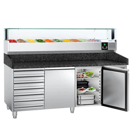 GGM Gastro Commercial Pizza Prep Counter - Granite Top PREMIUM - 2025x800mm - with 2 doors & 7 drawers - incl. refrigerated topping unit with glass sneeze guard LED - 10x GN 1/4