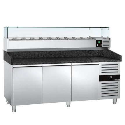 GGM Gastro Commercial Pizza Prep Counter - Granite Top PREMIUM - 2025x800mm - with 3 doors - incl. refrigerated topping unit with glass sneeze guard - 9x GN 1/3