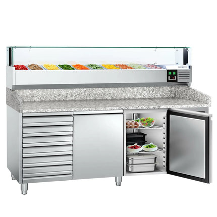 GGM Gastro Commercial Pizza Prep Counter - Granite Top PREMIUM - 2025x800mm - with 2 doors & 7 drawers - incl. refrigerated topping unit with glass sneeze guard LED - 10x GN 1/4