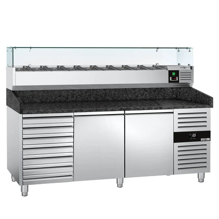 GGM Gastro Commercial Pizza Prep Counter - Granite Top PREMIUM - 2025x800mm - with 2 doors & 7 drawers - incl. refrigerated topping unit with glass sneeze guard - 9x GN 1/3