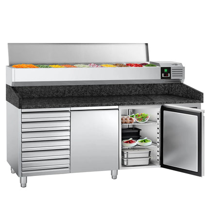 GGM Gastro Commercial Pizza Prep Counter - Granite Top PREMIUM - 2025x800mm - with 2 doors & 7 drawers - incl. refrigerated topping unit - 10x GN 1/4