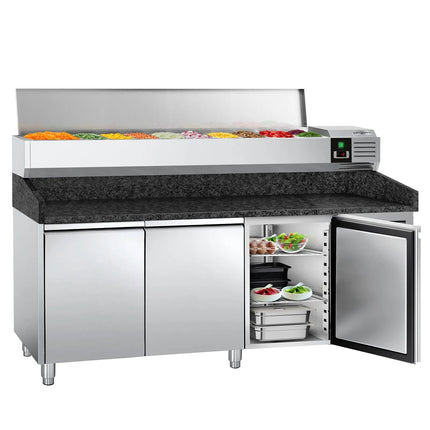 GGM Gastro Commercial Pizza Prep Counter - Granite Top PREMIUM - 2025x800mm - with 3 doors - incl. refrigerated topping unit - 10x GN 1/4