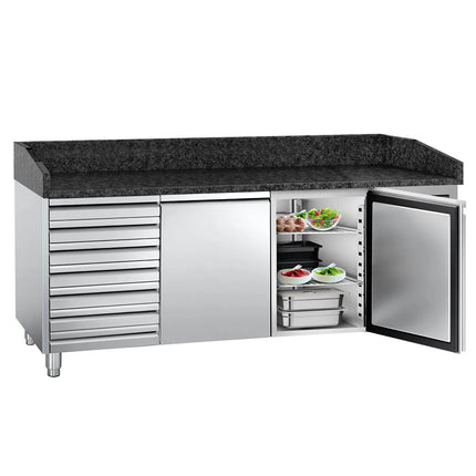 GGM Gastro Commercial Pizza Prep Counter - Granite Top PREMIUM - 2025x800mm - with 2 doors & 7 drawers