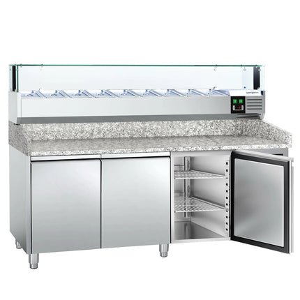 GGM Gastro Commercial Pizza Prep Counter - Granite Top PREMIUM - 2025x800mm - with 3 doors - incl. refrigerated topping unit with glass sneeze guard LED - 10x GN 1/3