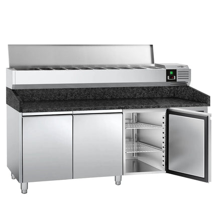 GGM Gastro Commercial Pizza Prep Counter - Granite Top PREMIUM - 2025x800mm - with 3 doors - incl. refrigerated topping unit - 10x GN 1/4