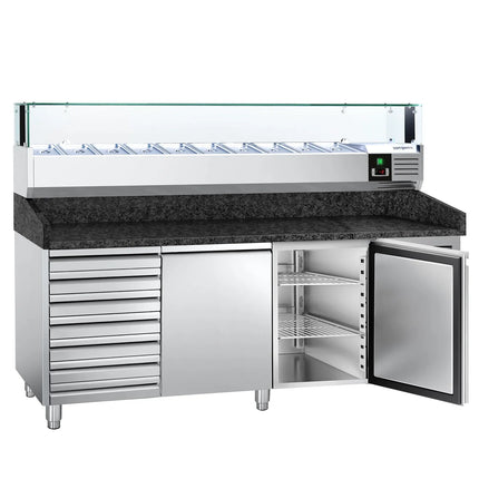 GGM Gastro Commercial Pizza Prep Counter - Granite Top PREMIUM - 2025x800mm - with 2 doors & 7 drawers - incl. refrigerated topping unit with glass sneeze guard LED - 10x GN 1/4