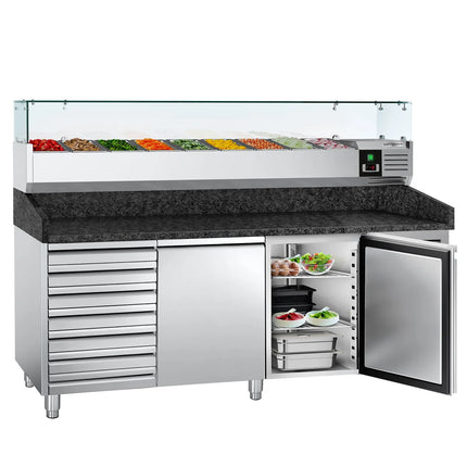 GGM Gastro Commercial Pizza Prep Counter - Granite Top PREMIUM - 2025x800mm - with 2 doors & 7 drawers - incl. refrigerated topping unit with glass sneeze guard - 9x GN 1/3