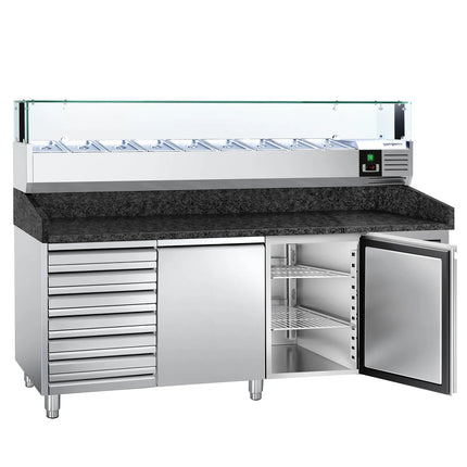 GGM Gastro Commercial Pizza Prep Counter - Granite Top PREMIUM - 2025x800mm - with 2 doors & 7 drawers - incl. refrigerated topping unit with glass sneeze guard LED - 9x GN 1/3